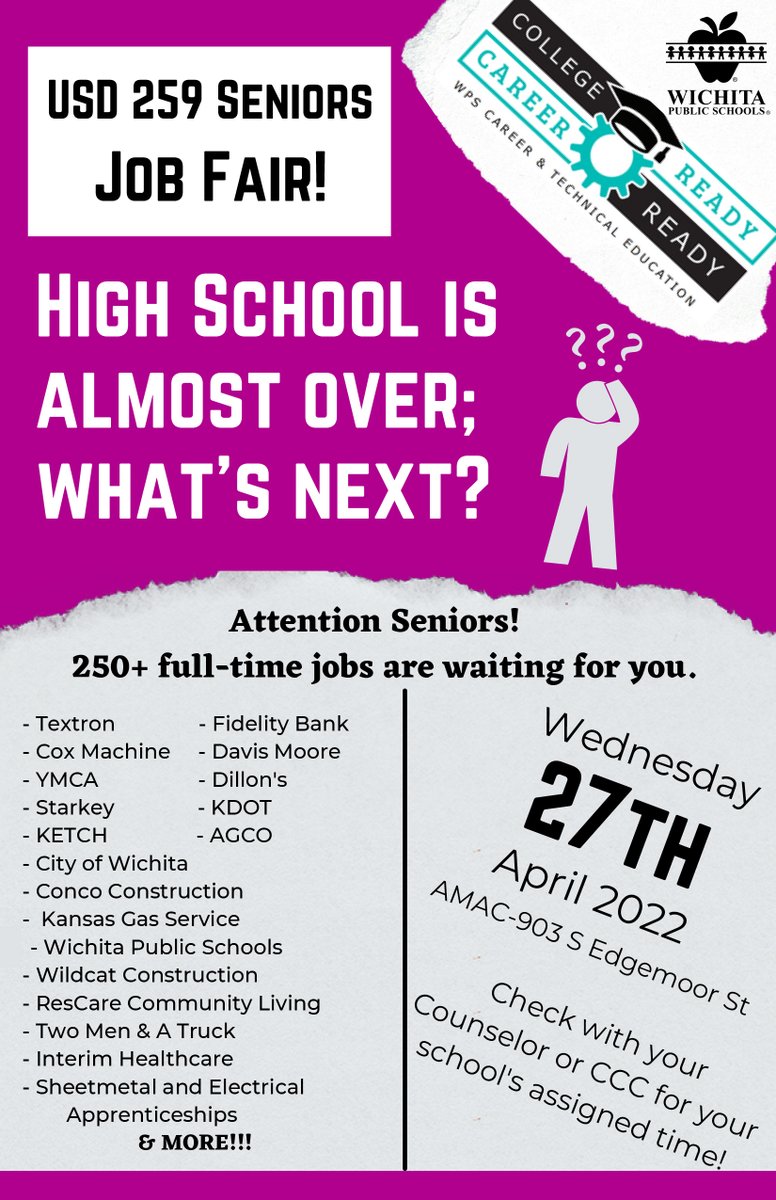 WichitaUSD259's tweet image. The district will be hosting a job fair for graduating seniors on Wednesday, April 27. Students can get details from their school's college and career coordinator.
