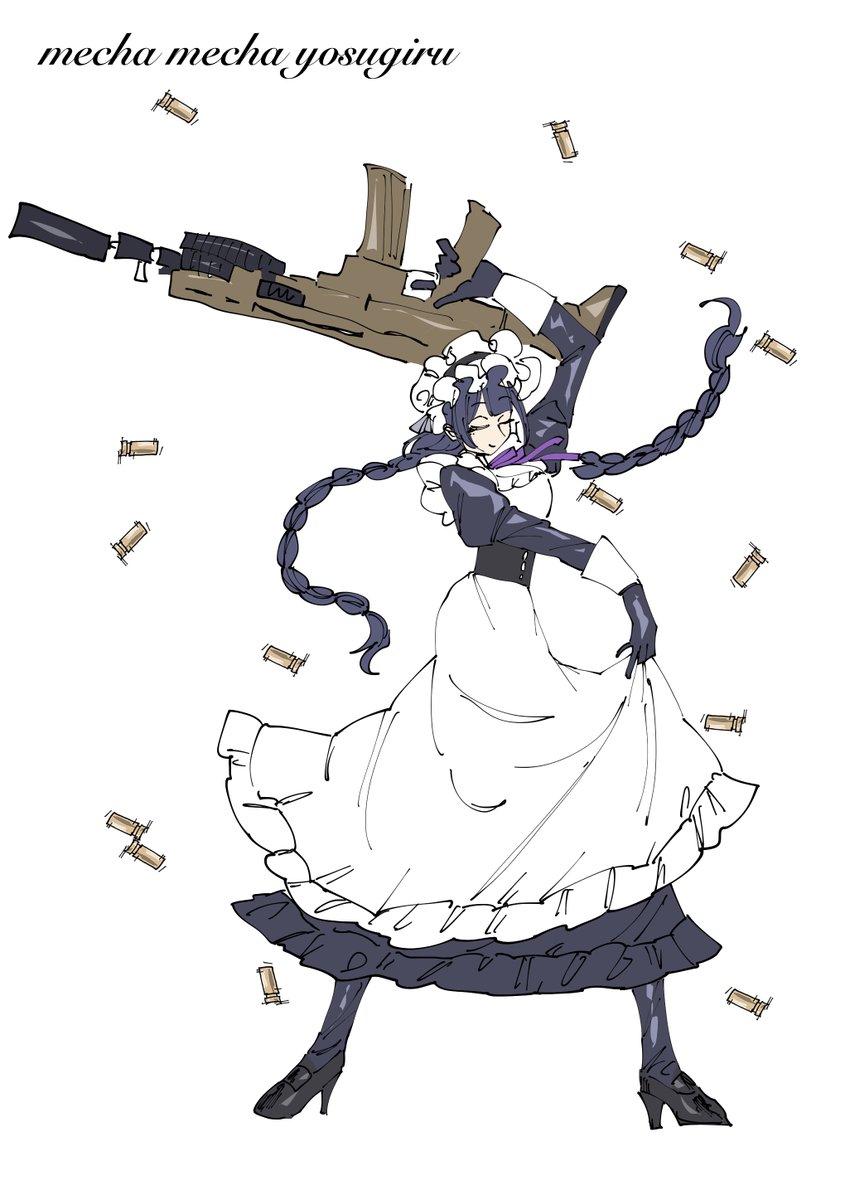 1girl gun weapon maid solo gloves braid  illustration images