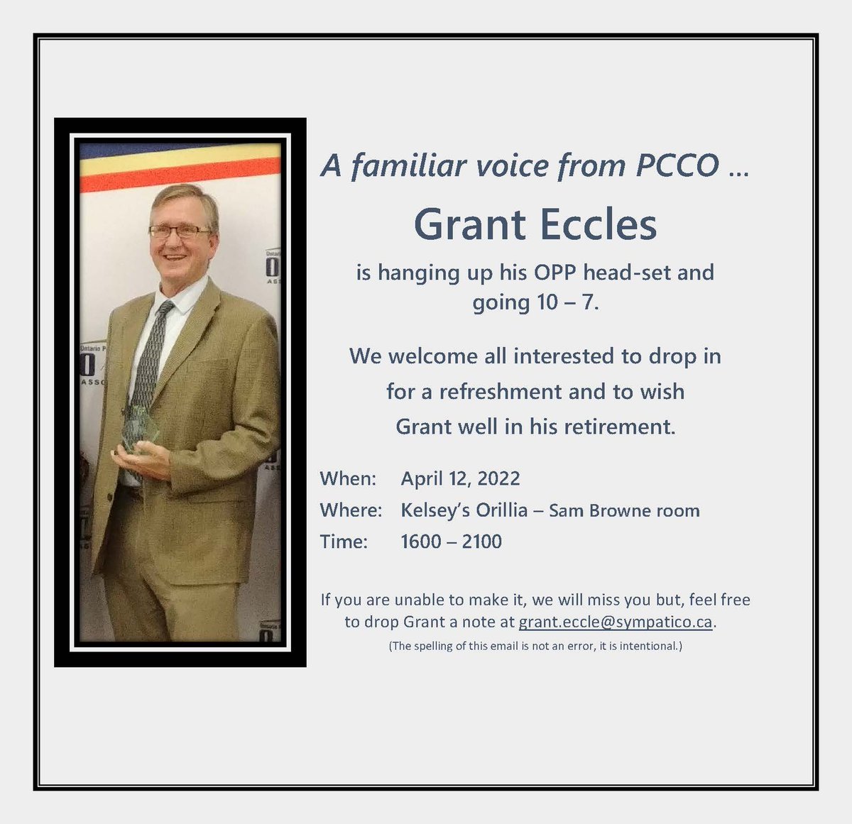 Dispatcher extraordinaire Grant Eccles is going 10-7! Come celebrate his achievement made even more special as it's Communicators week! Tuesday April 12 2022 Kelsey's Orillia.1600-2100. Come and send Grant off with is final 10-7  #npstw2022 #communicatorsweek #911dispatchers