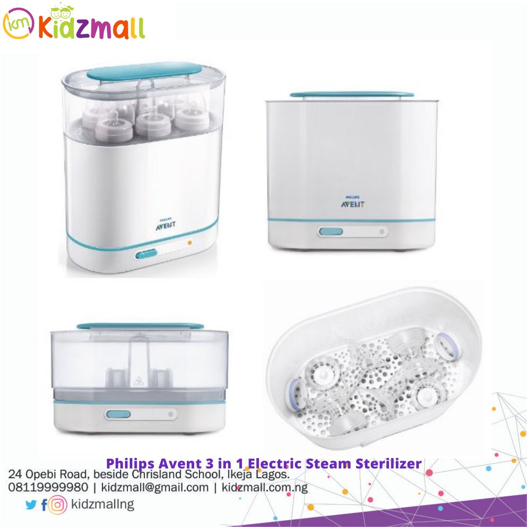 kidzmallng's tweet photo. Philips Avent 3 in 1 Electric Steam Steriliser
______________________________________
Description 
Kills 99.9% of harmful germs
Sterilizes in 6 minutes
Fits 6 Philips Avent bottles
Adjustable 3-in-1 design
______________________________________
Send a DM or Click on the link https://t.co/5wca0znhhk
