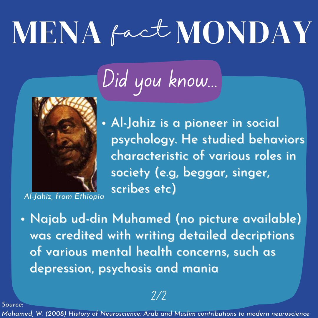 Todays #MENAFactMonday includes fun facts about Arab/MENA pioneers in the mental health field. Psychology’s roots were planted in the MENA region! #NAAHMxAMENAPsy #nationalarabamericanheritagemonth #arabamericanheritagemonth #psychology