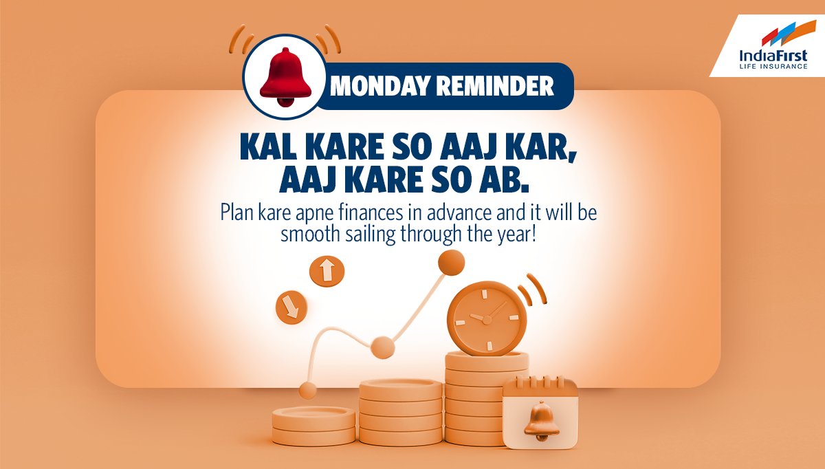 IndiaFirst_Life's tweet photo. Start now if you haven’t, here is your Monday reminder to plan for your financial commitments for the year.
.
#IndiaFirstLife #mondaymood #security #mondayreminder #reminder #certainty #financeplanning #Future #financialcommitment #YehTohCertainHai #ReminderPost #startnow https://t.co/Q0B9DEDVZJ