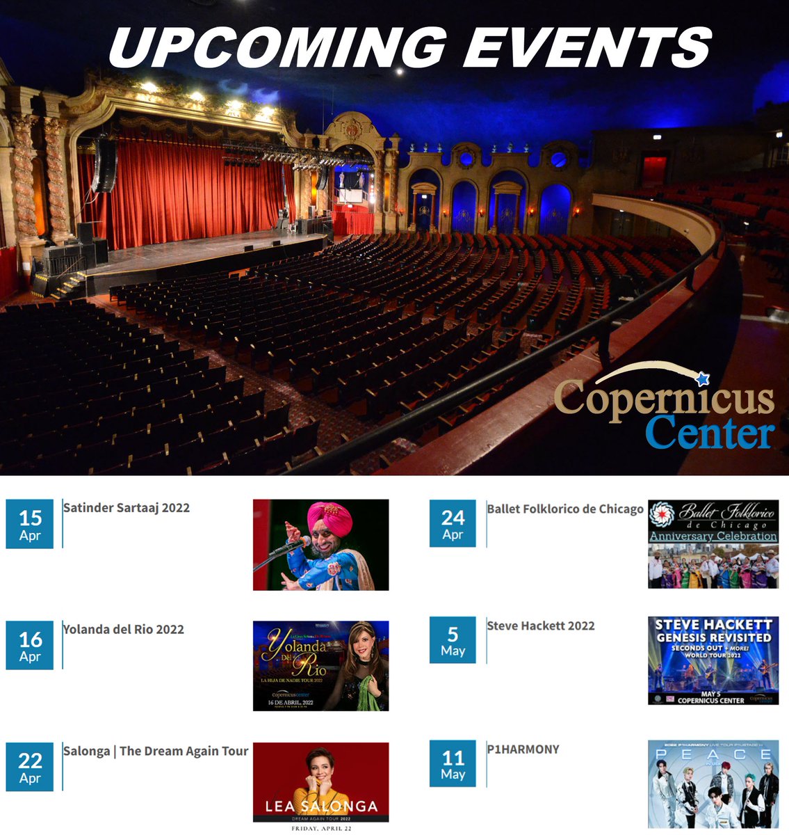 We're hosting a large variety of musical events April 14 thru May 11 at the Copernicus Center.
See ALL upcoming events at this link:
copernicuscenter.org/upcoming-event…
...
#CopernicusCenter #ChicagoEvents #Chicago