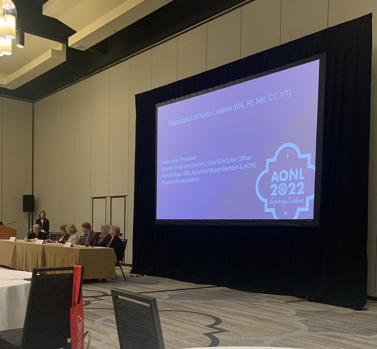 ONL Region 1 leaders Justin Drew, Pat Noga and Amanda Stefancyk Oberlies presenting during panel discussion of best practices to address challenges facing nurse leaders#AONL2022#orgnurseleaders