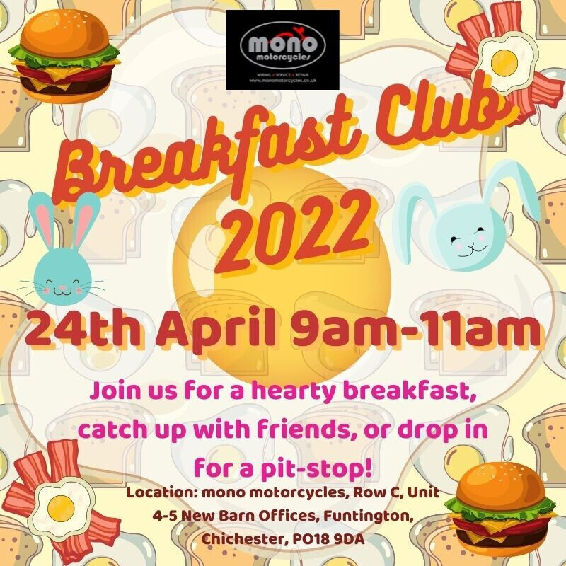 monomotorcycle1's tweet photo. mono motorcycles Breakfast Club 2022!
Sunday 24th April 9am-11am 
Join us for a hearty breakfast, catch up with friends, or drop in for a pit-stop!

#bikerevents #breakfastclub #bikerbreakfast #bikerlife #breakfast #motorcycles #motorbikes #motorcycleevent #motorbikeevent https://t.co/HuR4lSwhKe