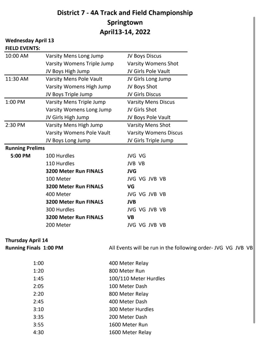 Here is the schedule for this weeks district meet!!