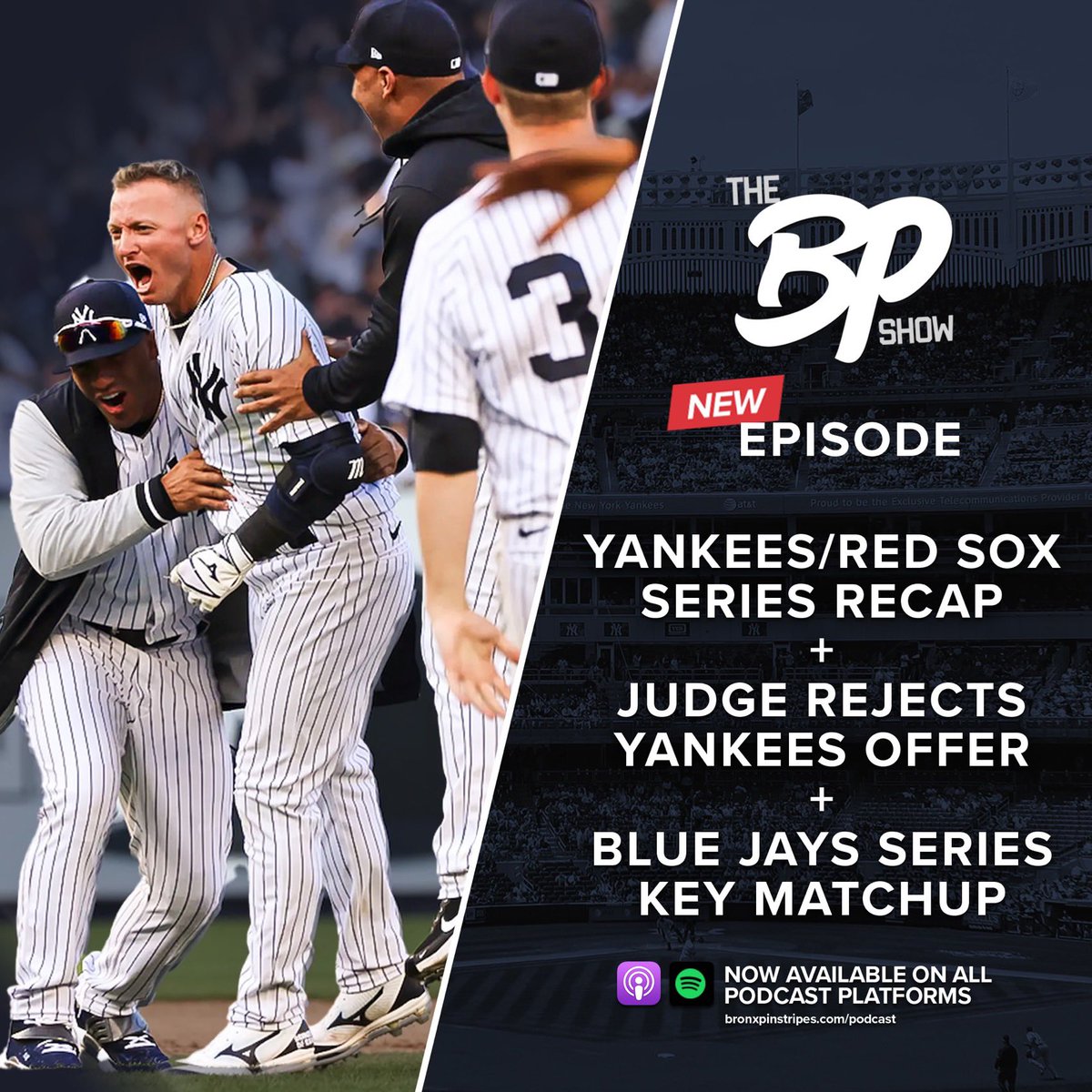 BronxPinstripes's tweet photo. 🚨New Episode! 🚨

On today’s episode of @YankeesPodcast, the guys recap the NYY/BOS series, discuss Judge turning down the Yankees’ offer and preview the upcoming series against TOR ⚾️

Listen here! 🎧
👉 https://t.co/G6zaliQTn6
Watch here! 📺
👉https://t.co/WMgCa7gnr9 https://t.co/Vnf9DehWWY