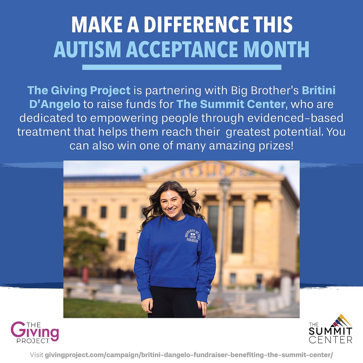 It's Autism Acceptance Month and we've partnered with "Big Brother's" Britini D'Angelo to raise funds for The Summit Center! We've already raised more than $2,000. Who's going to be the next donor?❤️

givingproject.com/campaign/briti…