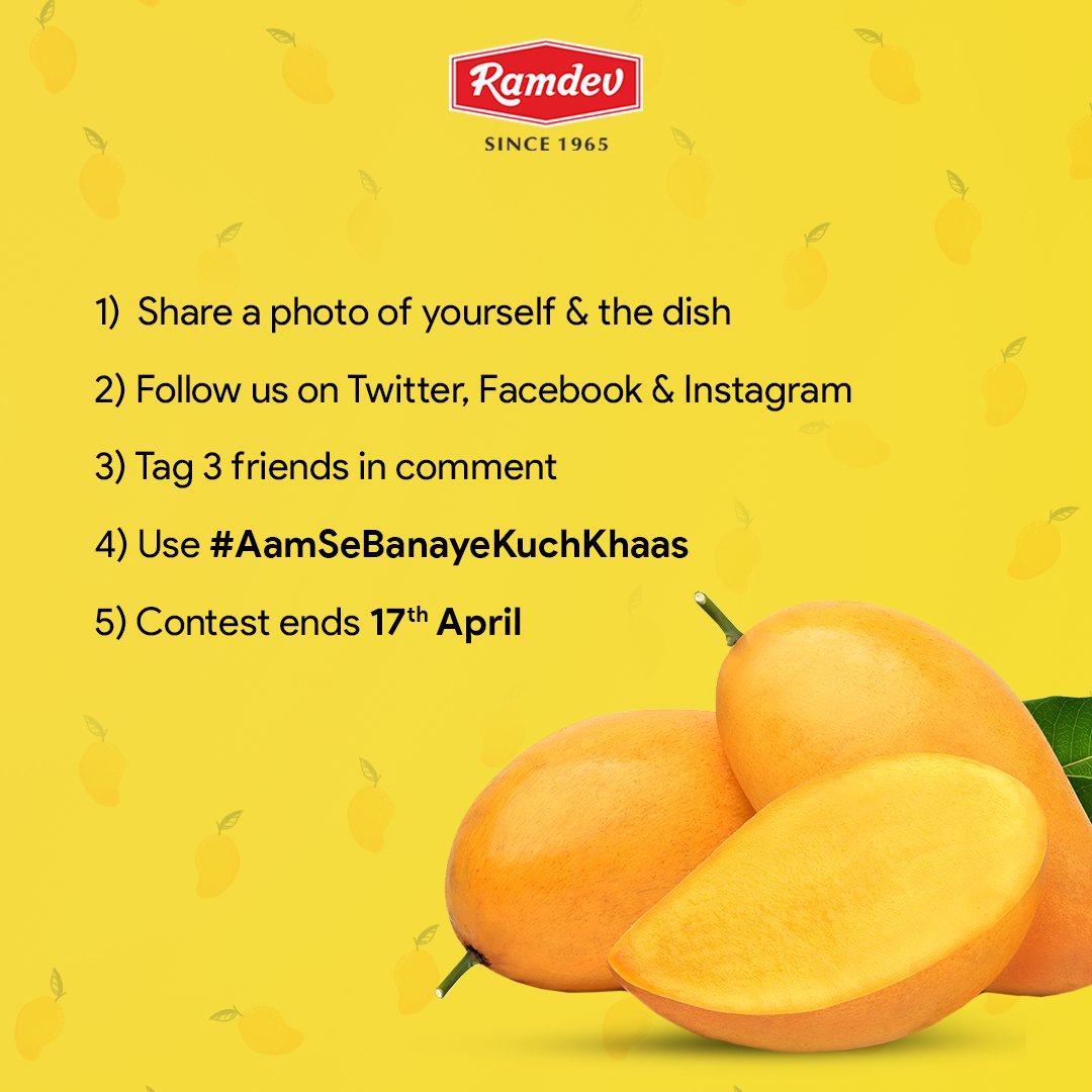 Ramdev_Food's tweet image. Aam se banaye kuch khaas
Make your summers more memorable with Mangoes and our fun mango contest! Make any dish with MANGOES as the main ingredient.
NOTE: 
1. Winner selection is at the sole discretion of the company
2. Winner(s) once selected will not be changed
#RamdevContest