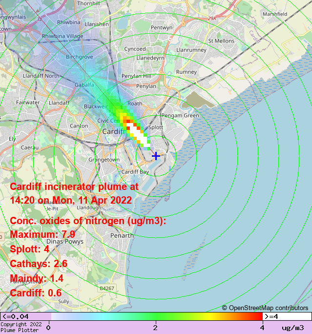 plumeplotter's tweet photo. Latest Cardiff incinerator plume plot, 14:20 11/04/22 #Splott #Cathays #Maindy https://t.co/HI9XmVnbT1 https://t.co/yth4pSXwre