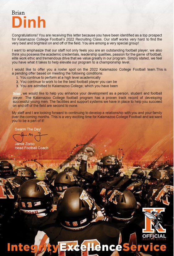 bdinher's tweet photo. Very blessed to receive an offer to play football at Kalamazoo College!! Thank you for this amazing opportunity ⚫️🟠 @CoachRiceKZoo @CoachZorboKZOO @KzooFootball https://t.co/MNvKgSJdL0