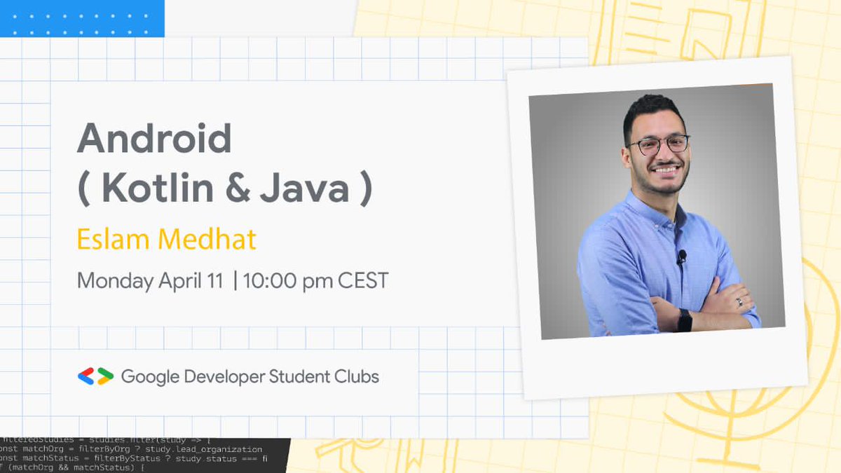 Join us today 
In Our first session  Android Kotlin &amp; Java 
With Eslam Medhat  google developer expert
10:00 PM cairo time  
09:00 PM algeria time 

#GoogleDeveloperStudentClubs

#GDSCMENA #gdscmsila