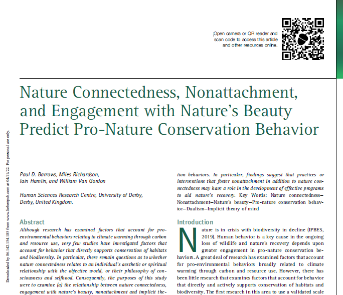 Recently published in <a href="/LiebertPub/">Mary Ann Liebert Inc</a> journal Ecopsychology, with <a href="/PaulDBarrows1/">Dr Paul D Barrows</a>, <a href="/findingnature/">Miles Richardson</a> &amp; Dr Iain Hamlin. Our study shows that non-attachment and #nature connectedness predict pro-nature #conservation behaviour.
<a href="/DerbyUniPress/">DerbyUniPress</a> <a href="/DerbyUniOnline/">DerbyUniOnline</a> <a href="/DerbyUniPsych/">Psychology at Derby</a>