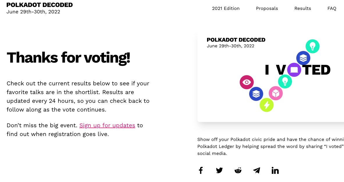 I just voted. Have you? Vote for <a href="/BranaRakic/">Brana Rakic</a> to hear about a decentralised version of Google #parachain #polkadot <a href="/OT_Parachain/">Broken Link Hijacking PoC</a> <a href="/TriniZone/">dkg://TriniZone</a>