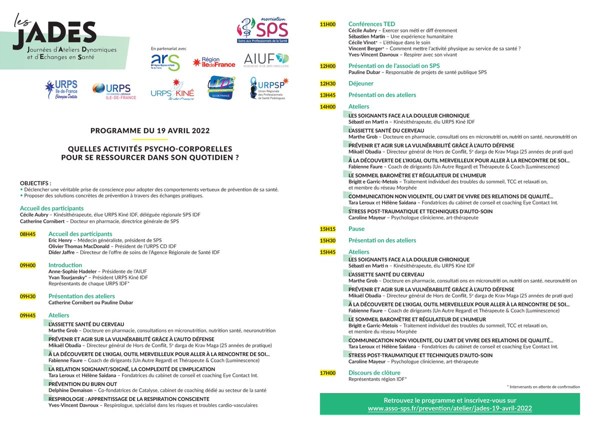 SPS_institut's tweet photo. 🔝 Programme de la #JADES (Journée d'Ateliers Dynamiques et d'Echanges en Santé du 19 avril à la Maison des Soignants (9h à 17h)
Inscrivez-vous sans tarder, c'est gratuit !
👉 https://t.co/X0t6yJIBQT
#soignants #étudiants #santémentale #prévention #assosps #mieuxetre https://t.co/5Uu93q8H1N