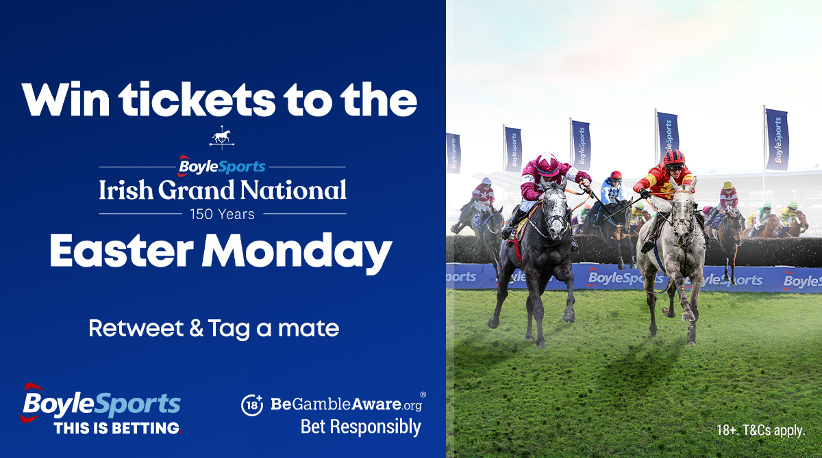 BoyleSports's tweet photo. 🎟 FIVE PAIRS OF TICKETS UP FOR GRABS... 

🏇 For the BoyleSports Irish Grand National at @Fairyhouse on Easter Monday! 

🔄 RT &amp; Tag a mate to enter 👤

#BoyleSportsIGN #Racing https://t.co/SQ3URB2rZ2