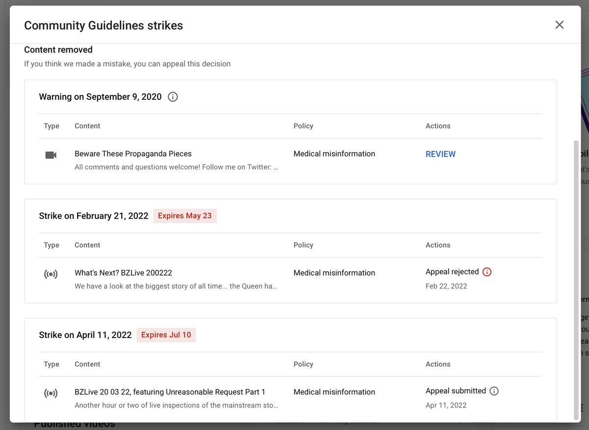 BobbyZines's tweet image. So, my main channel has been suspended for two weeks. I have appealed my latest strike, once again for &quot;med misinfo&quot;. Looks like YT are not a fan of my #UnreasonableRequest series. One more strike and the channel is gone 👋