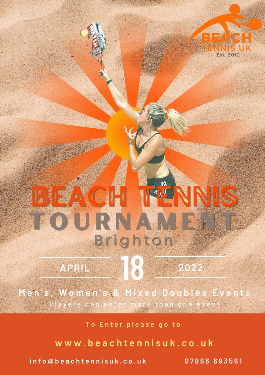 Get your late entries in for the BTUK Tour Beach Tennis Tournament - Monday 18 April in Brighton.  beachtennisuk.co.uk/tournaments