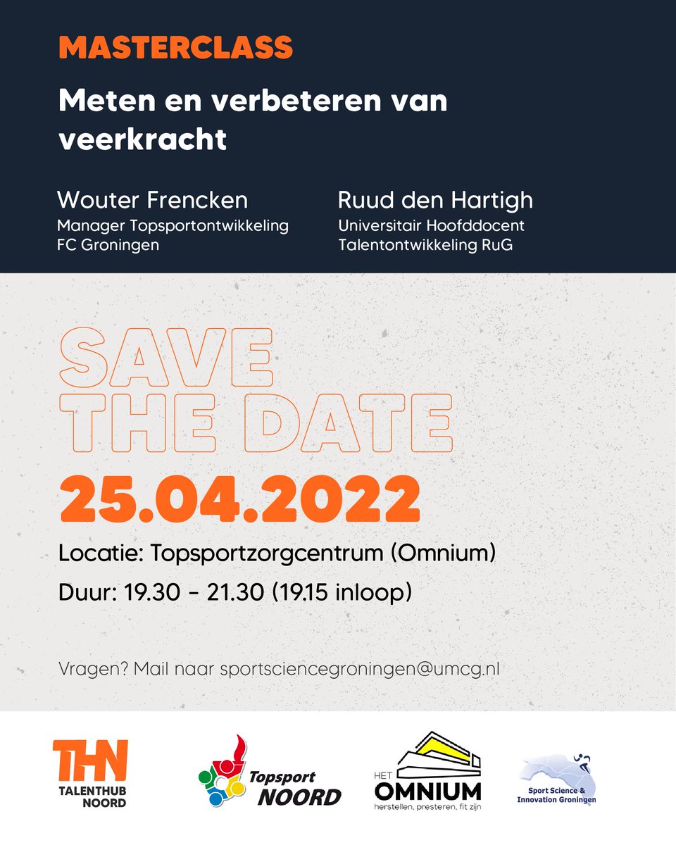 TopsportNoord's tweet photo. Op maandag 25 april organiseert Talenthub Noord de Masterclass ‘Meten en Verbeteren van Veerkracht’. De Masterclass is voor coaches en trainers die werkzaam zijn met topsporters en talenten in het noorden van Nederland.

Opgeven kan via https://t.co/vMHvWghXz5 https://t.co/7ohi0e8XdW