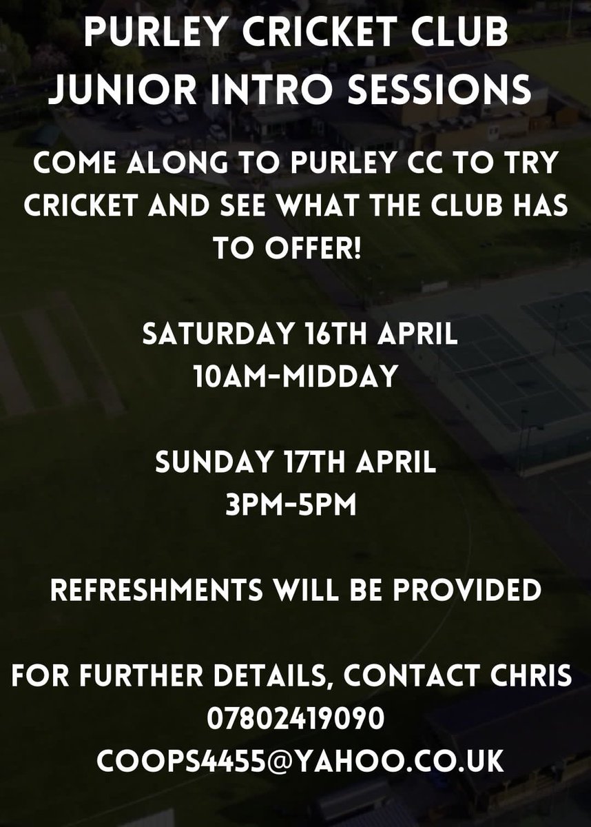 Purley Cricket Club (@purley_cc) on Twitter photo We’re hosting a free taster session for any juniors looking to get into cricket! All details below, any juniors interested at all are welcome to come along! <a href="/SurreyCricketFd/">Surrey Cricket Foundation</a> #purley We’re hosting a free taster session for any juniors looking to get into cricket! All details below, any juniors interested at all are welcome to come along! <a href="/SurreyCricketFd/">Surrey Cricket Foundation</a> #purley