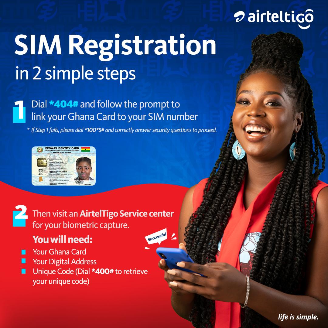 theatghana's tweet image. Register your #SIM today!

Follow these 2 simple steps to get your SIM registered with your valid #GhanaCard &amp;amp; your #DigitalAddress.

Visit our service centres for your biometric capture/click here&amp;gt; bit.ly/ATSIMReg to find a location near you. #LifeIsSimple #UseAirtelTigo
