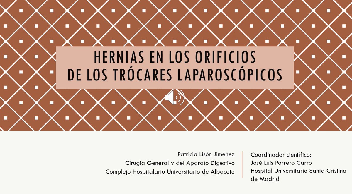 Os invito a ver una presentación muy interesante de la Dra. Patricia Lisón Jiménez, del Complejo Hospitalario Universitario de Albacete (España), sobre "Hernias por orificios de trócares".

herniasurgery.es/hernias-por-or…

#herniasurgery #cirugía #some4surgery