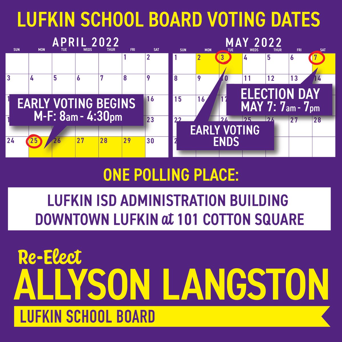 treadmomma's tweet photo. Save the date and mark your calendar because early voting starts in two weeks! #earlyvoting #reelectallyson #lufkinschoolboard #yourvotematters #experiencematters #momeducatorvolunteer https://t.co/ohbCgd4Jck