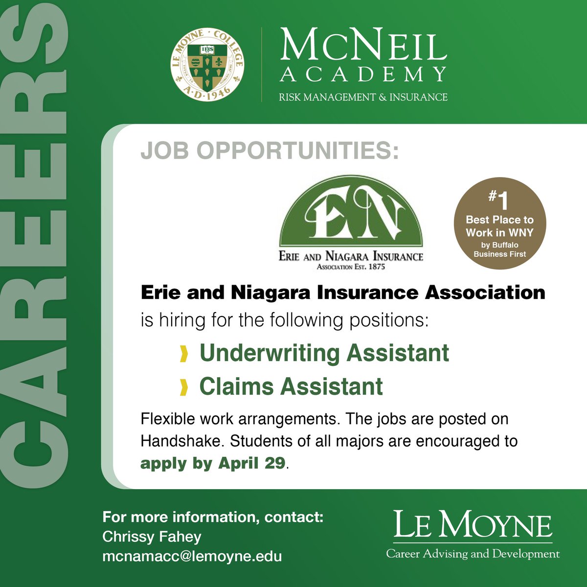 McNeil Academy Risk Management &amp; Insurance is hiring! For more information Contact Chrissy Fahey ✨ #jobopportunity