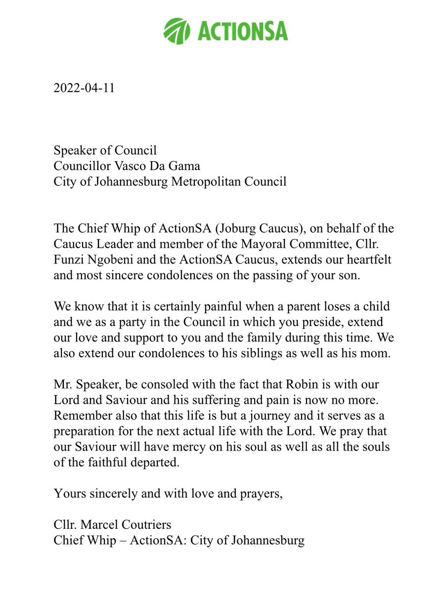 ActionSA JHB Caucus (@actionsa_jhb) on Twitter photo <a href="/Action4SA/">ActionSA</a> Caucus wishes to pass it’s heartfelt condolences to the <a href="/CoJSpeaker/">Councilor Da Gama</a> Cllr Vasco Da Gama for the loss of his son. We extend our love and support to Cllr Da Gama and the family. <a href="/Vascodagama1DA/">Cllr Vasco Da Gama</a> <a href="/HermanMashaba/">Herman Mashaba</a> @MMC4Transport <a href="/SthembeloMajola/">SM🇿🇦</a> <a href="/SabeloChalufu/">Sabelo Chalufu</a> <a href="/LincolnMachaba/">BLACK SOUTH AFRICAN 💚🇿🇦</a> <a href="/Action4SA/">ActionSA</a> Caucus wishes to pass it’s heartfelt condolences to the <a href="/CoJSpeaker/">Councilor Da Gama</a> Cllr Vasco Da Gama for the loss of his son. We extend our love and support to Cllr Da Gama and the family. <a href="/Vascodagama1DA/">Cllr Vasco Da Gama</a> <a href="/HermanMashaba/">Herman Mashaba</a> @MMC4Transport <a href="/SthembeloMajola/">SM🇿🇦</a> <a href="/SabeloChalufu/">Sabelo Chalufu</a> <a href="/LincolnMachaba/">BLACK SOUTH AFRICAN 💚🇿🇦</a>