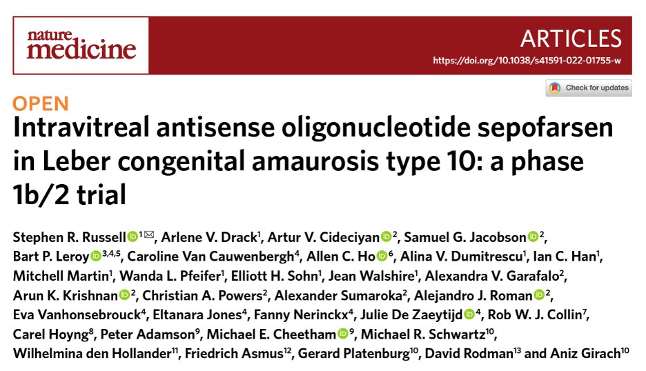 When I began my career in 2001: Leber congenital amaurosis was blinding. No treatments. Now: promising phase 1b/2 trial of intravitreal antisense oligonucleotide for LCA type 10. @uiowaeye @uzgent @ScheieEye @PennMedicine @ProQR @NatureMedicine paper: nature.com/articles/s4159…