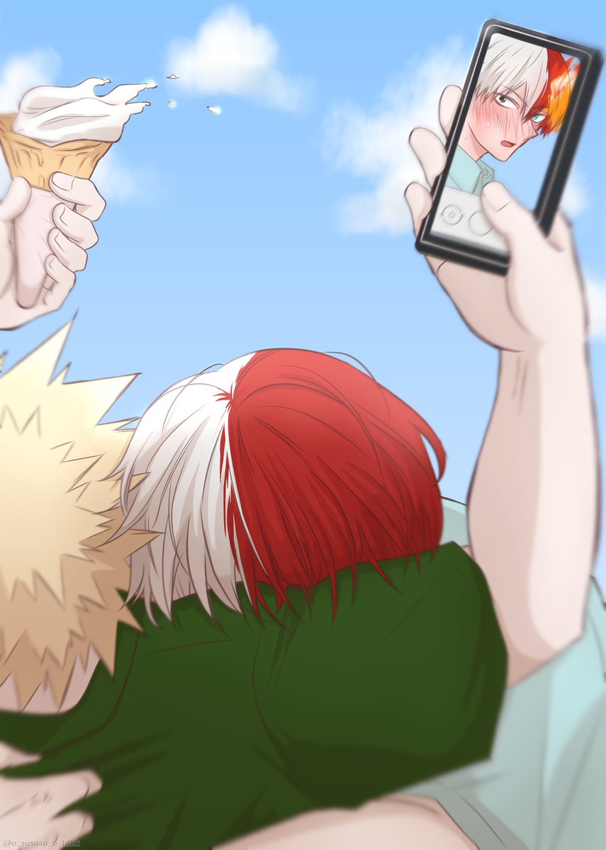 bakugou katsuki ,todoroki shouto red hair male focus multiple boys white hair ice cream burn scar phone  illustration images