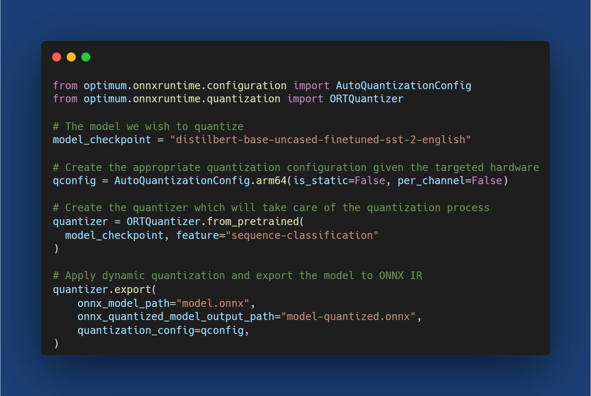You can now accelerate inference by applying quantization to models from the @huggingface Hub 🔥 ➡️ With 🤗 Optimum, you can easily apply static and dynamic quantization on your model before exporting it to the ONNX format 🤯 Start here 👉 huggingface.co/docs/optimum/m…