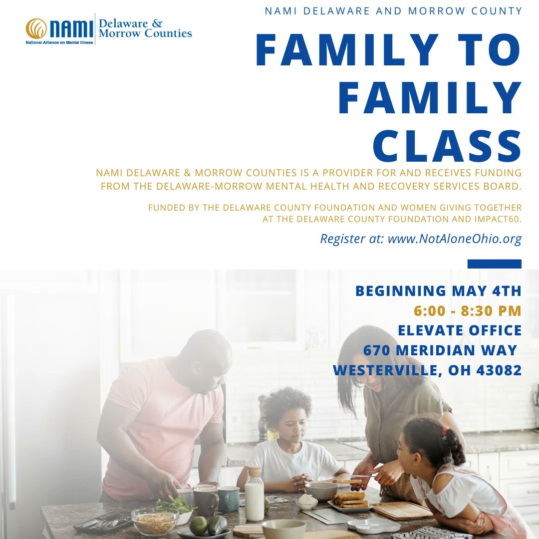 Join us for our next Family to Family class starting May 4th. To participate you must have someone close to you who has a mental health condition. If you are interested, visit NotAloneOhio.org for more details or to register! 💙 

#FamilyToFamily #NAMIOfDelMor