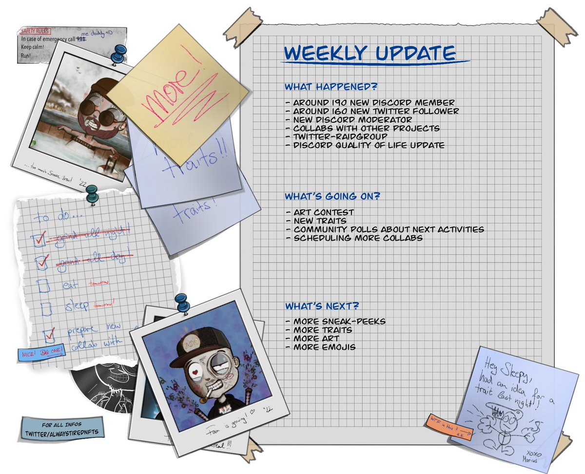 Weekly Update🗓️

We are:
- fully doxxed 👥
- fully organic 🌳

Some tired-OG spots left 🥱

Join: discord.gg/alwaystirednfts

#tiredaf #NFTs #NFTCommumity #NFTProject #digitalart #DigitalArtist #MECFS #mentalhealth #NFTs #NFTdrops