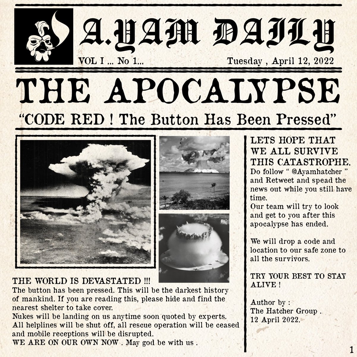 Hatchers

CODE RED 🚨 
You were unprepared!
What should you do now?
Do you have a place you can hide and take cover? Share it down below so others can come too.

Do 🔁 , Follow &amp; comment your location so we can find you after the apocalypse.

#NFTCommunity #NFTs