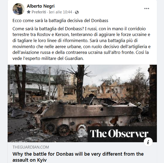 CCKKI's tweet photo. Ecco come sarà la #battaglia #decisiva del #Donbass.
"Così la vede l’esperto militare del Guardian". di @negrialbe
Why the battle for Donbas will be very different from the assault on Kyiv.
https://t.co/r6q0yk3vEd https://t.co/TEiNckiYY7