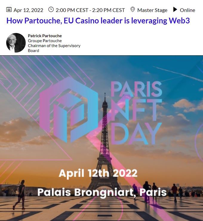 J-1 avant les @parisnft_day , l'événement parisien dédié aux NFT ! À cette occasion, Patrick Partouche interviendra à 14h pour annoncer notre arrivée dans le web3. Préparez-vous !
Paris Blockchain Week Summit
#blockchain #nft #web3 #casino #gambling #entertainment