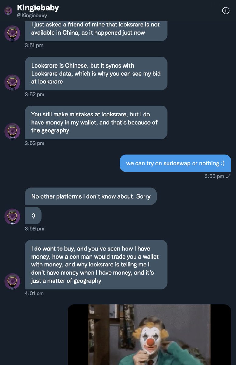 First attempt at stealing my precious <a href="/doodles/">doodles</a> 🌈: 

- sets a good offer on @LooksRareNFT  with wETH revoked so I can't approve it
- DMs me the correct LooksRare url &amp; prompts me to try again (no success)
- blames geo restrictions &amp; DMs me a slightly different url the 3rd time 🤡