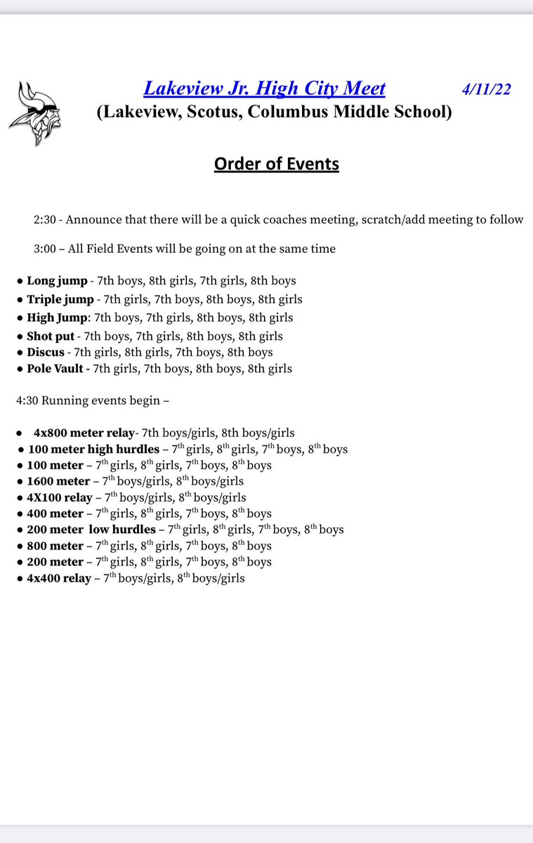 Lakeviewhigh's tweet photo. Below is the order of events for the JH Track Tri-city meet. Field events start at 3:00pm today. Go Vikings! #lakeviewvikes https://t.co/xRaBnyAMQO