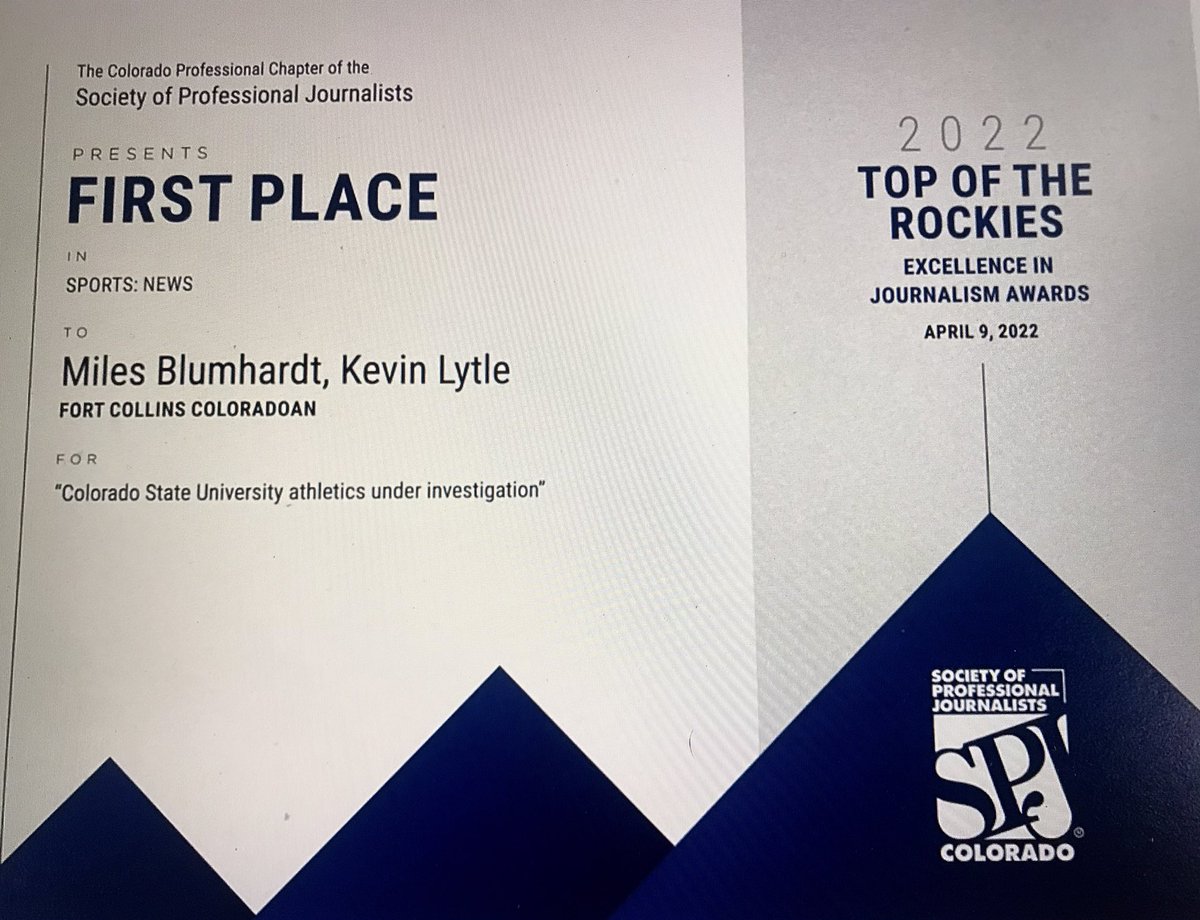 MilesBlumhardt's tweet photo. Kevin and I are honored to win this SPJ award. But we wish we would not have. We wish this would not have happened. We wish CSU student-athletes and athletics staff would not have been harmed, hurt and humiliated. We are humbled by the many who told us of their experiences. https://t.co/DoqXrVMwDQ