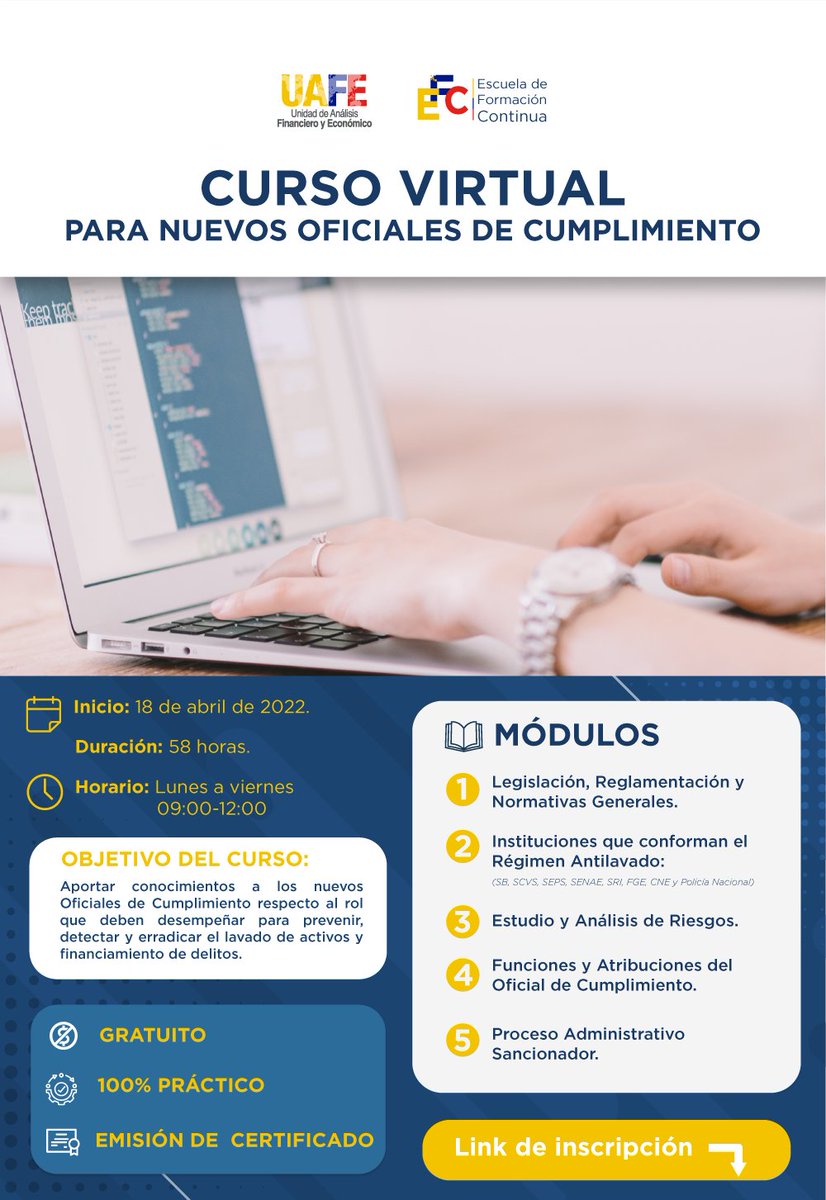 UAFE_EC's tweet photo. ¡Prepárate con la #UAFE! 🧑🏻‍🏫 📚

Inscríbete ahora en el "Primer Curso Permanente para Nuevos Oficiales de Cumplimiento”

📆 Inicio: 18 de abril 2022
Link de inscripción: ➡️ https://t.co/3cxMTwLXLk https://t.co/jfwYSI7BJY