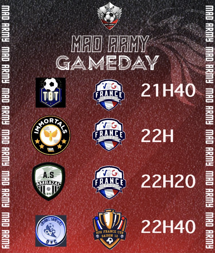 MadArmyFC's tweet photo. Programme / Compo du soir:

3 matchs de @VPGFrance_ où l’équipe devra aller chercher un maximum de points pour se relancer et bien entendu aller chercher la qualification en huitième de coupe de France 

@TBTefoot 
@immortals_CP 
@ASAesport_ 
@OAC_ESPORT 

#ForzaMada ❤️🤍🦅 https://t.co/Jee459dc4r