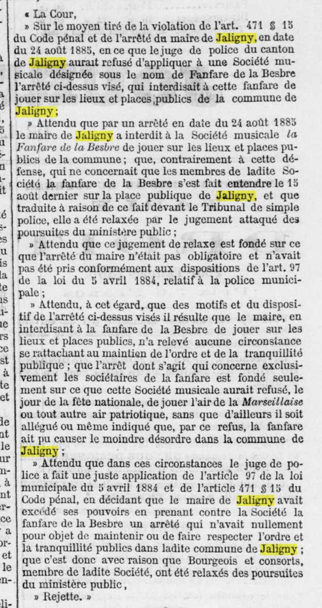 MaCombrailles's tweet photo. René #Fallet en aurait fait un livre! En 1887, le maire de #Jaligny (Allier) prétend interdire à la « Fanfare de la Besbre » de jouer sur les places publiques de la commune. Ici l’arrêté de la Cour de Cassation https://t.co/7ZCDSgYXSg via @RetroNewsFR #Bourbonnais https://t.co/mSuFXkxtih