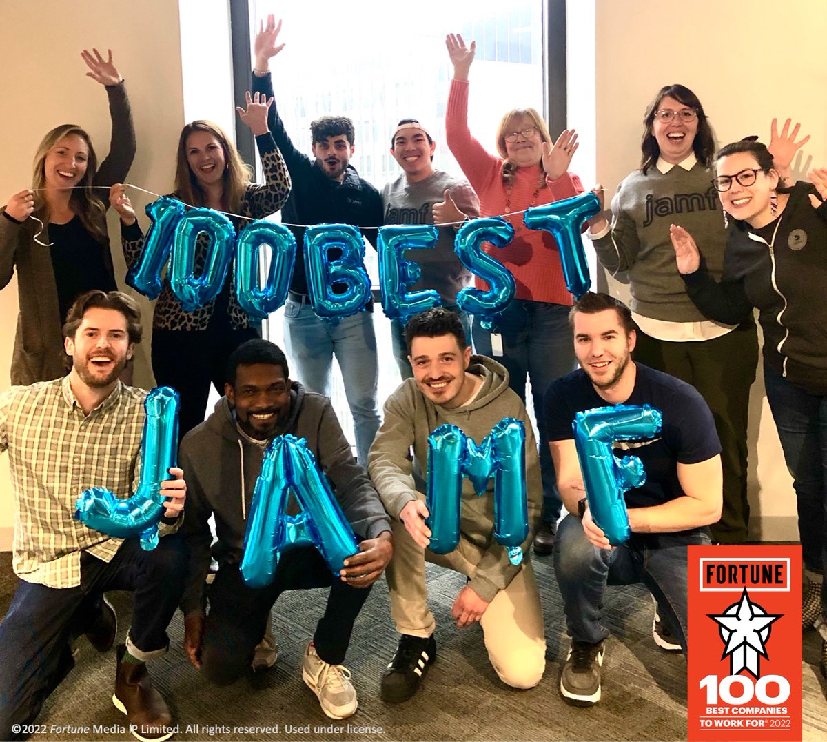 JamfSoftware's tweet photo. We are honored to be named a Fortune 100 Best Companies to Work For® by @FortuneMagazine and @GPTW_US! Great people make #Jamf great. We are #OneJamf helping organizations succeed with #Apple. Congrats to our Jamf customers on the list as well! #BestWorkplaces #100BestCos https://t.co/2GkL8wxqhL
