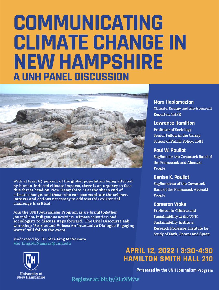 Important panel discussion tomorrow <a href="/unhjournalism/">UNH Journalism</a> featuring @MLMcNamara in conversation with @TheClimateDr <a href="/mara_hop/">Mara Hoplamazian</a> @ichiloe and Denise and Paul Pouliot about the importance of communicating climate issues in New Hampshire. Free and open to the public. Details:
