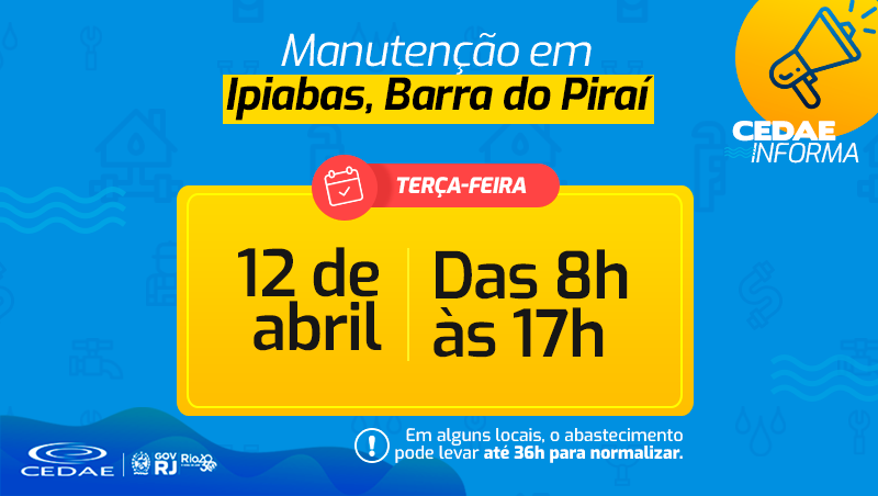 CedaeRJ's tweet photo. 🚧 Nesta terça (12), das 8h às 17h, faremos manutenção no sistema de abastecimento de água de #Ipiabas, em Barra do Piraí. Estão programados os serviços de limpeza da barragem e do poço de captação de água bruta. Durante o trabalho, será necessário interromper o fornecimento. https://t.co/zXuRimvG9d