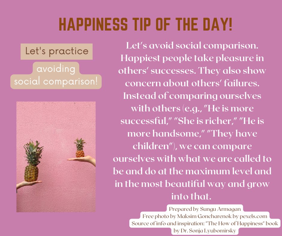 Happiness Tip of the Day! Let's avoid social comparison. Let's take pleasure in others' successes. Let's also show concern about others' failures. 🎁