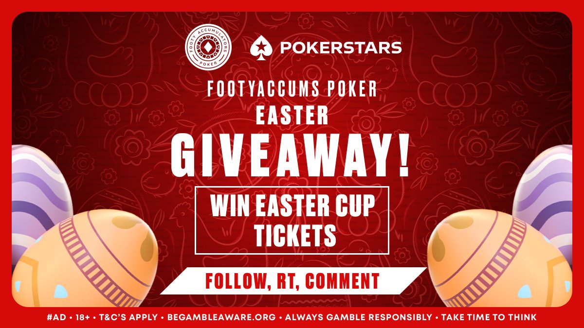 FootyAccumulators Poker (@footyaccumspkr) on Twitter photo 🐣 Easter Competition Giveaway🐣
🎟️5 x £11 + 25 x £2.20
🐣 TO ENTER: FOLLOW, RT & Find the Easter Egg Hidden on our Profile and Send us a Screenshot inc. your <a href="/PokerStars/">PokerStars</a> ID in the Comments
⏳Entries Close 3pm Tues⏳
🐇GOOD LUCK!🐇
#AD 🔞 T&C's Apply begambleaware.org 🐣 Easter Competition Giveaway🐣
🎟️5 x £11 + 25 x £2.20
🐣 TO ENTER: FOLLOW, RT & Find the Easter Egg Hidden on our Profile and Send us a Screenshot inc. your <a href="/PokerStars/">PokerStars</a> ID in the Comments
⏳Entries Close 3pm Tues⏳
🐇GOOD LUCK!🐇
#AD 🔞 T&C's Apply begambleaware.org