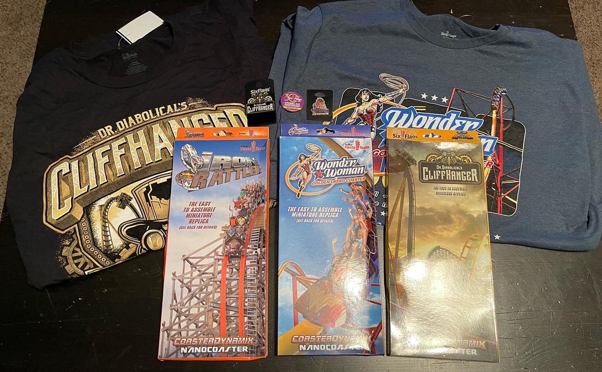 BuckeyeCoaster's tweet photo. Amazing Goodies from my first visit ever to @SF_FiestaTexas to check out the park &amp; celebrate the 30th Anniversary Celebration! Absolutely love my #drdiabolicalscliffhanger merchandise and all my other coaster stuff! Had to add to my @coasterdynamix #nanocoasters! #SFFT2022 https://t.co/yoAEmq3W7d