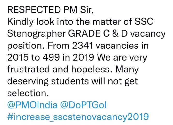 eksha170622's tweet photo. #increase_sscsteno19vacancy 
@PMOIndia 
@sscchief 
@SSCorg_in 
@narendramodi @DrJitendraSingh @RahulGandhi @priyankagandhi @ArvindKejriwal https://t.co/ODnsONJIRO